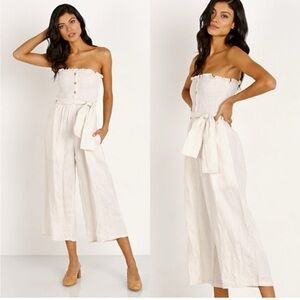 Faithfull The Brand Lais Linen Smocked Belted Jumpsuit in Ecru‎ sz US 2